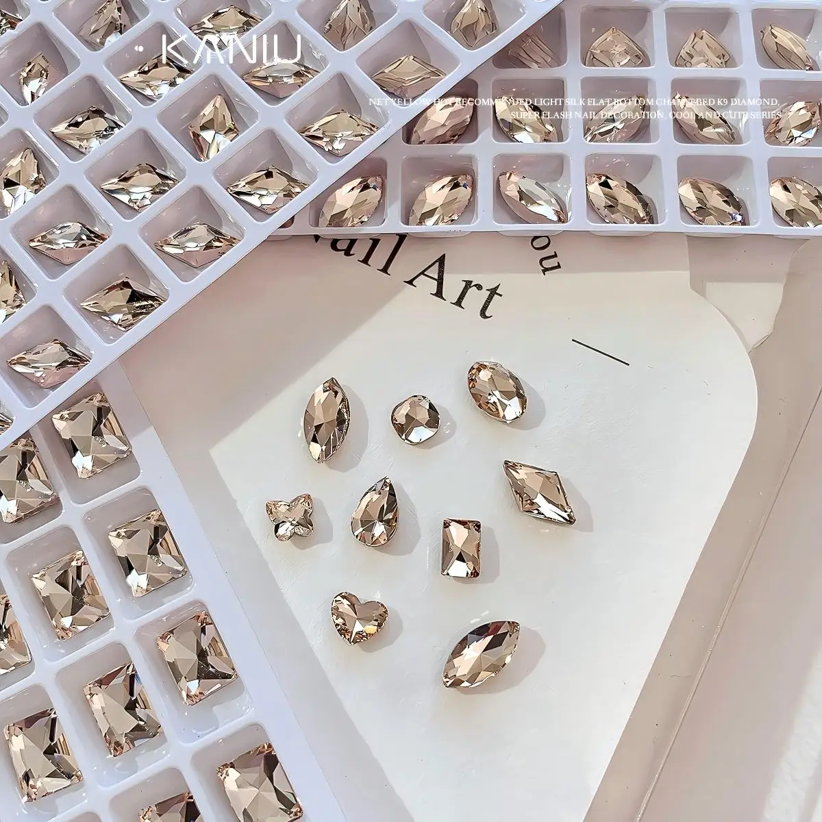 KANIU 5PCS Light Silk Flat Bottomed Beveled K9 Diamonds Champagne Bevel Flat Nail Rhinestone Heart Butterfly Mix Cut Press Gems