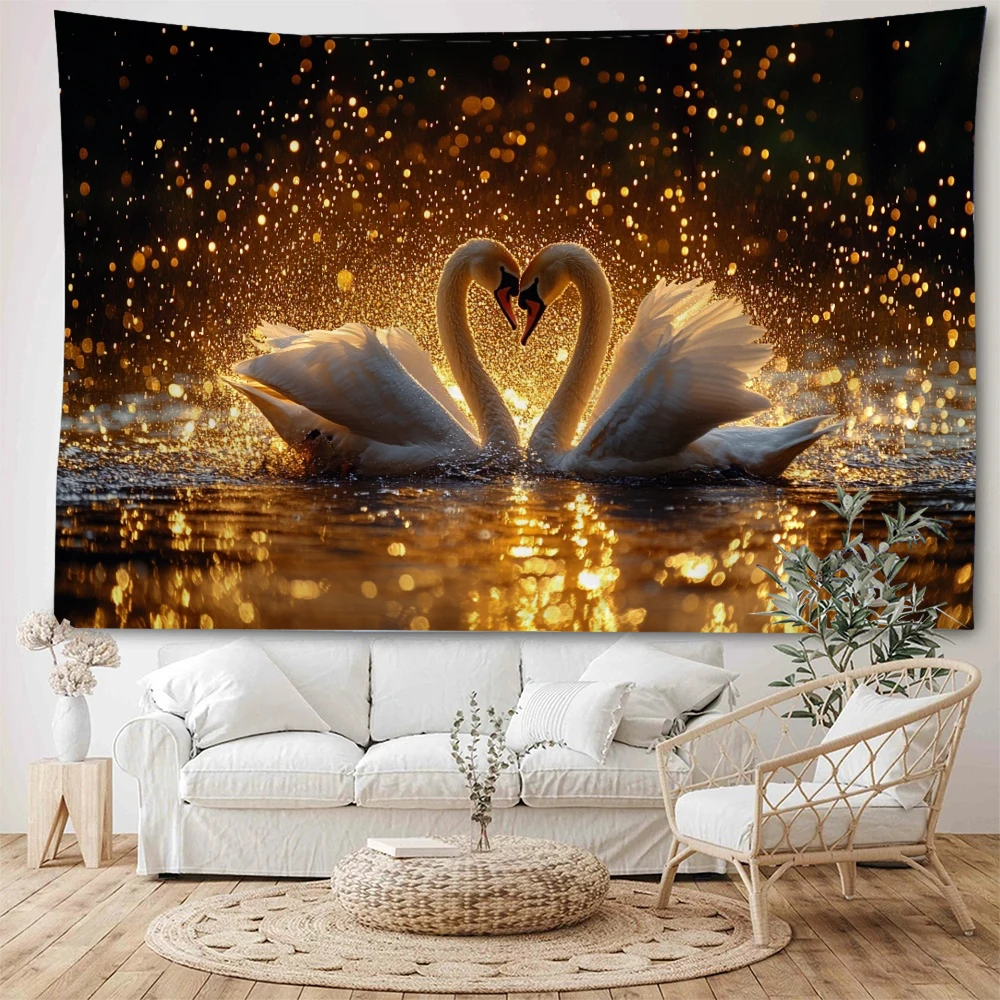 

Beautiful swans in the river, affectionate and warm. The background decoration is a tapestry symbolizing beautiful love