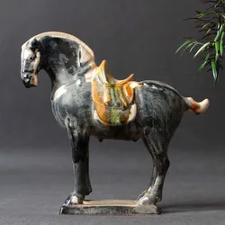 Chinese Antique Imitation Tang Tri-Color Glazed Ceramics Black War Horse Porcelain Statue 8.27 inch