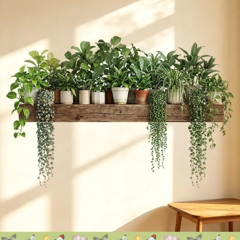 Green Plant Leaves Hanging Basket Wall Stickers Courtyard Bedroom Living Room Wall Beautification Decals Decor