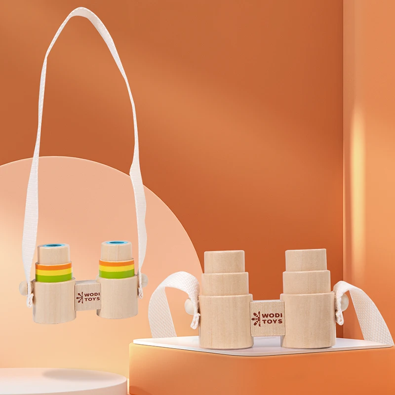 

Children's wooden portable mini binoculars lanyard magnifying glass outdoor observation scientific toy