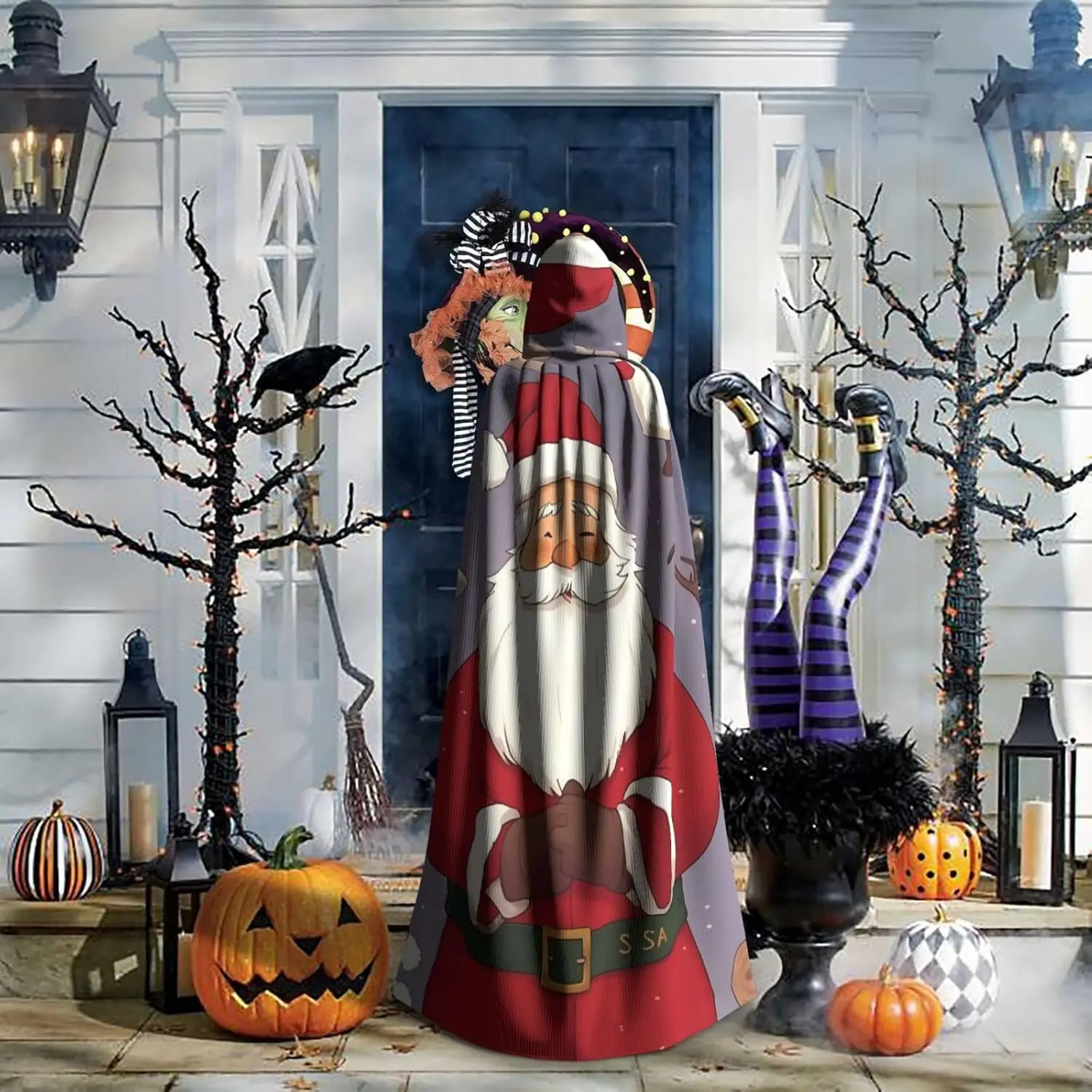 Kerst Kerstman Print Kapmantel, Volwassen Mantel Lange Cape Hoodie voor Kerstmis Halloween Cosplay Kostuums