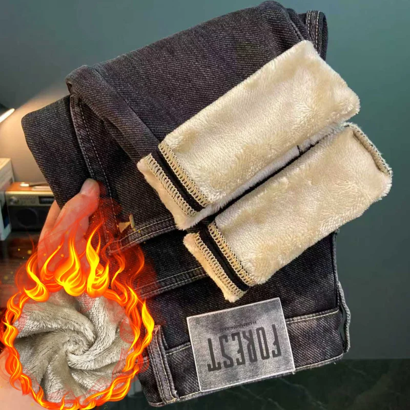 2025 Winter Plush Thick Jeans for Men, Casual, Simple, High end, Slim fit, Small Feet, High end, Cold resistant, Warm Pants