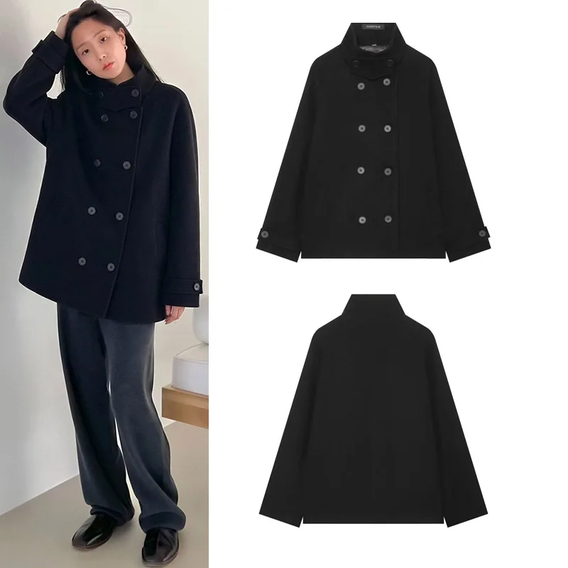 Women's Vintage Stand Collar Double Breasted Coat Loose Fit for Office And Daily Wear Autumn Winter Casual Wool Blend Outerwear