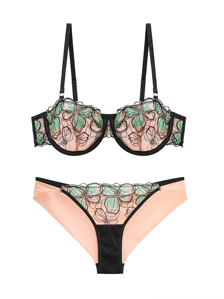 

Women's Sheer Lace Hollow Embroidered Mesh Underwear Exotic Adjustable Straps Open Mask Cup Bra Push Up Underwire Bra