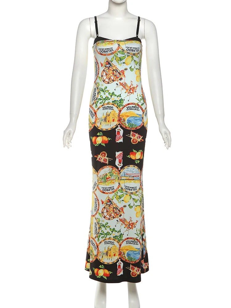 Nibber Chic Patchwork Straps Kleid Frauen Y2K Zitrone Druck Ärmellose Dünne Enge Urlaub Strand Party Elegante Bankett Vestidos