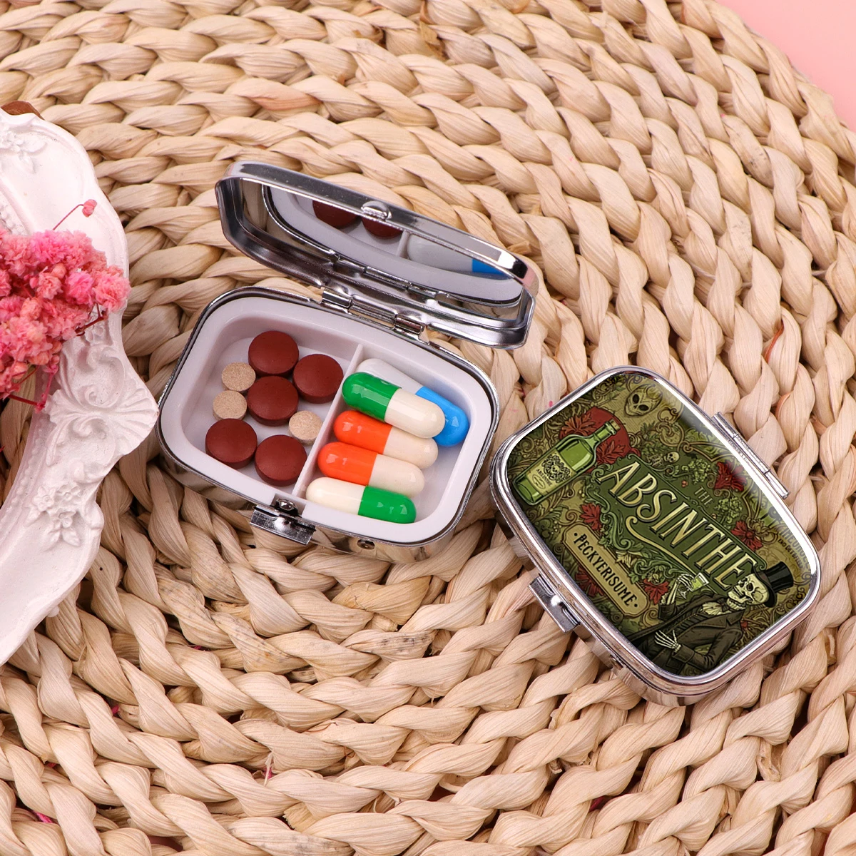 Evil Eye Print Pill Box Divided Metal Square  Pill Box Travel Portable Medicine Case Small Pill Container Case Box