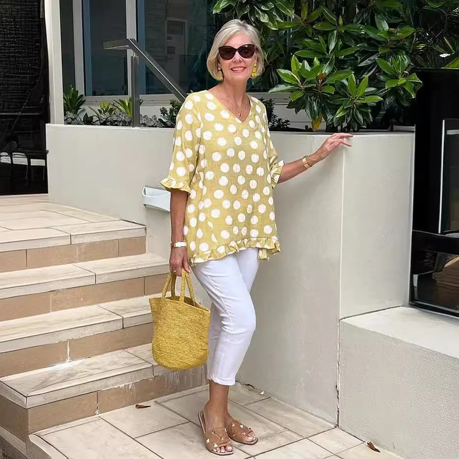 T shirt women 2026 fashion Summer New half sleeved V-neck polka dot printed cotton linen T-shirt tshirt women's clothing