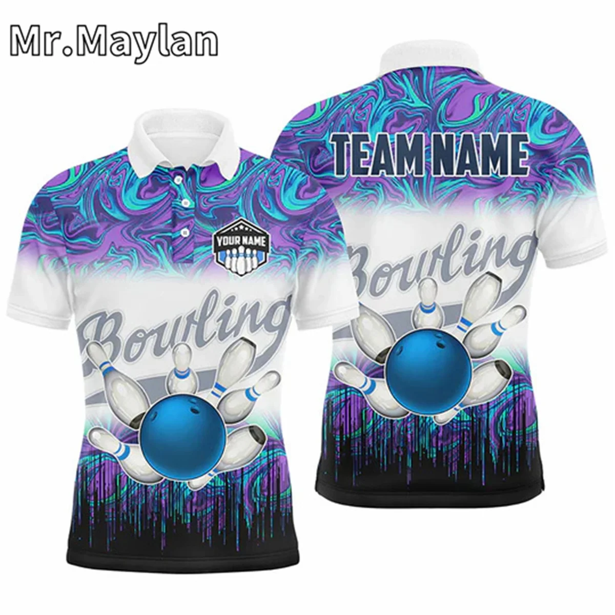 3D Mens Bowling Polo Shirts Custom Blue Purple Marble Pattern Sports Shirt Bowling Team Jerseys Gifts For Bowlers Unisex Tops