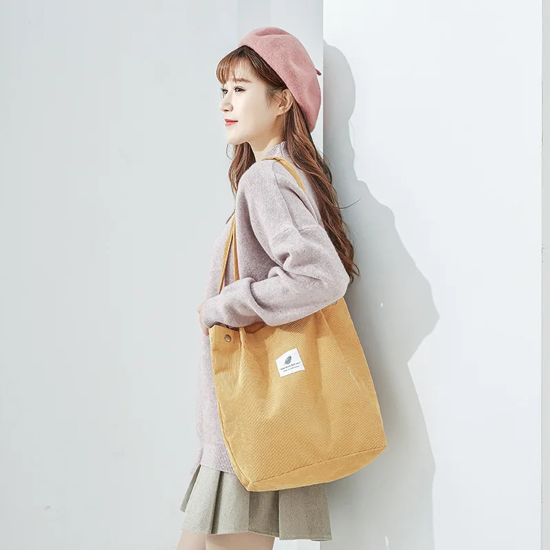 Fashion Outdoor Leisure Shopping Bag Shoulder Bags Women New Corduroy Canvas Bag Girl Travel Party Organizer with Button Handbag