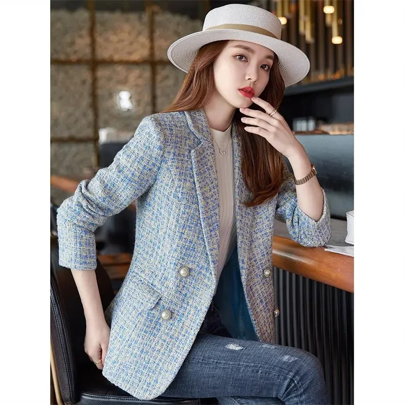 Plaid Blazers for Women 2024 Pearl Double-breasted Long Sleeve Blazer Jacket Elegant Office Ladies Turn Down Collar Coats Jacket