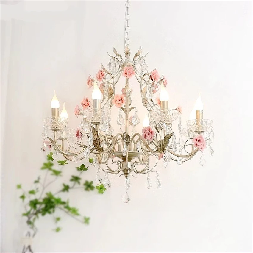 

French Pastoral Roses Ceramic Chandelier lights Living Room Crystal Lamp American Retro Bedroom Dining Room Flowers pendant lamp