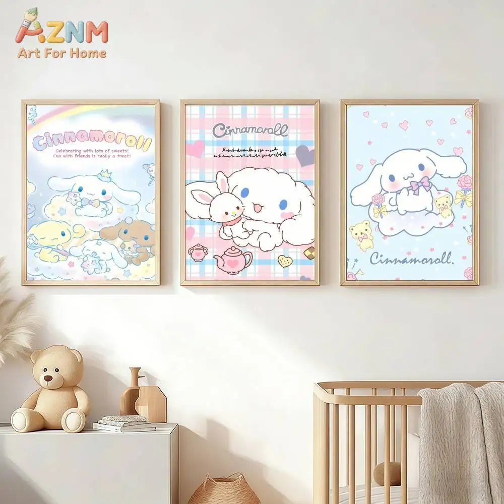 AZNM Cinnamoroll Kawaii Friend Bunny Canvas Wall Art, Cute Sanrio Character Print Poster, Cartoon Dog Cloud Heart Decorative Pai