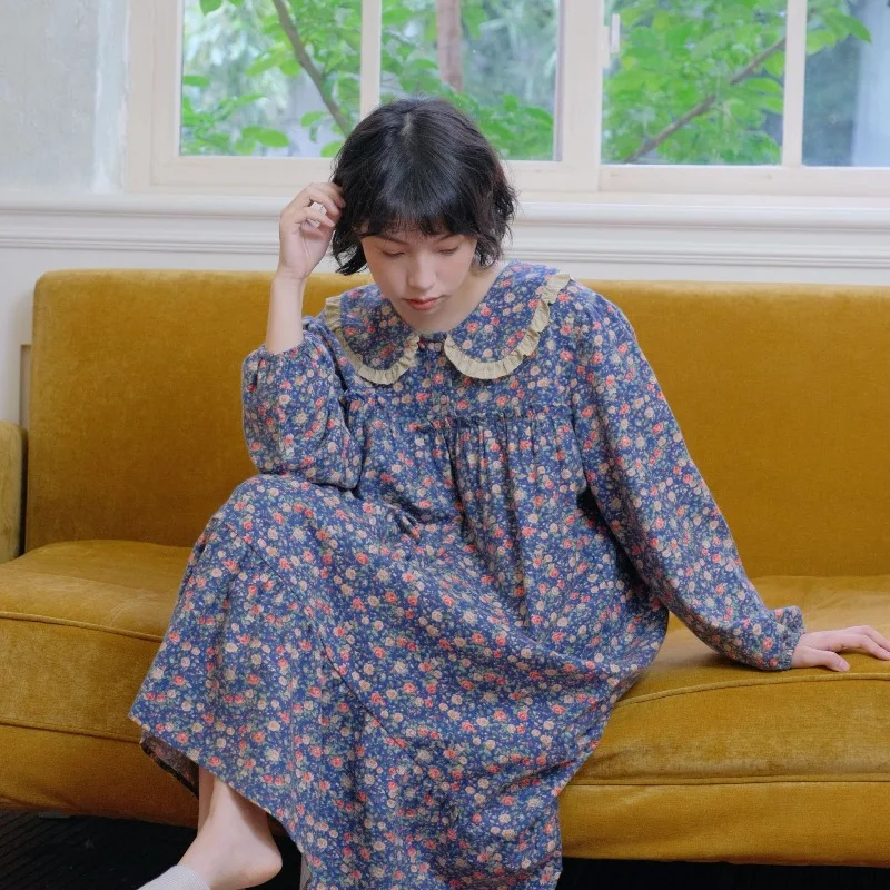 Women 100% Cotton Floral Nightgown Retro Peter Pan Collar Puff Sleeve Soft Breathable Loose Home Loungewear Cottagecore Dress