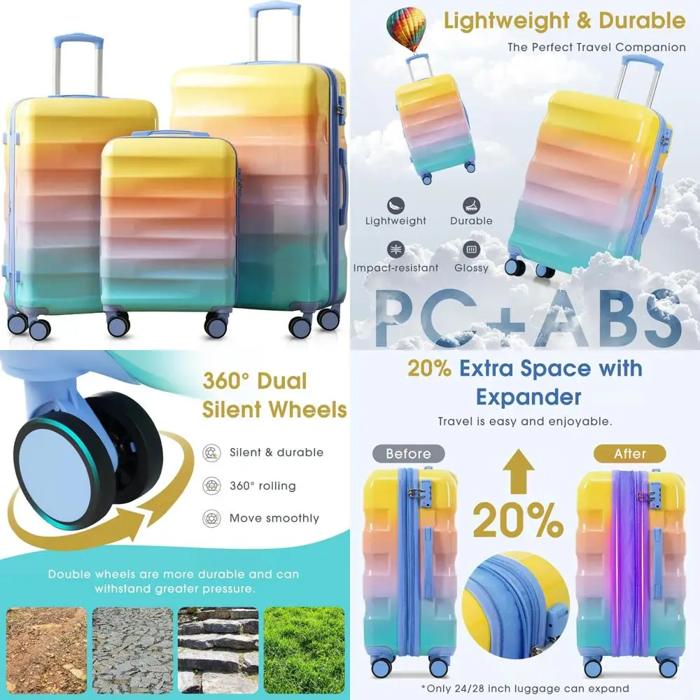 

3 piece hardshell luggage set - 20"/24"/28" expandable colorful glossy suitcases with spinner wheels and tsa lock, lightweight