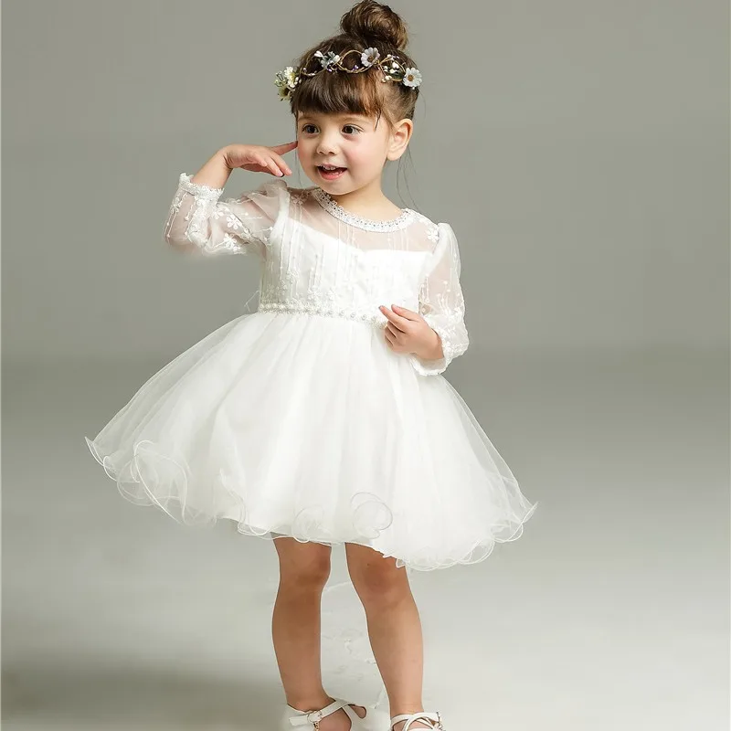 

0‑2Y Infant Long Sleeve Lace Baptism Dress Sheer Tulle Christening Gown Baby Girls Dedication 1st Birthday Wedding Formal Outfit