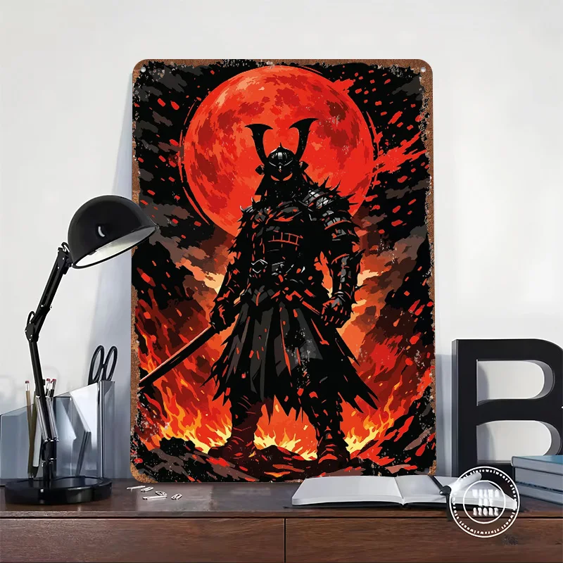 Samurai Demon Under Red Moon Printing Poster Customized Retro Wall Art Vintage Metal Signs for Mancave Room Decoration Cozy Home