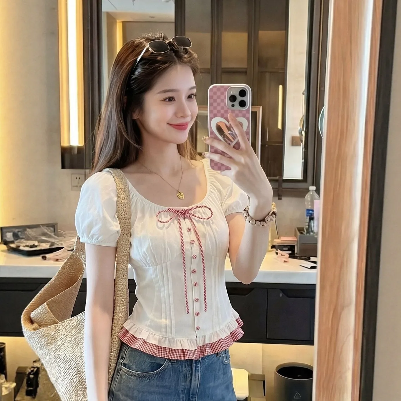 

Summer Sweet Fit Knot Short Sleeve One Shoulder round Neck Plaid Shirt Women's Two-Way Wear Korean Style Commute