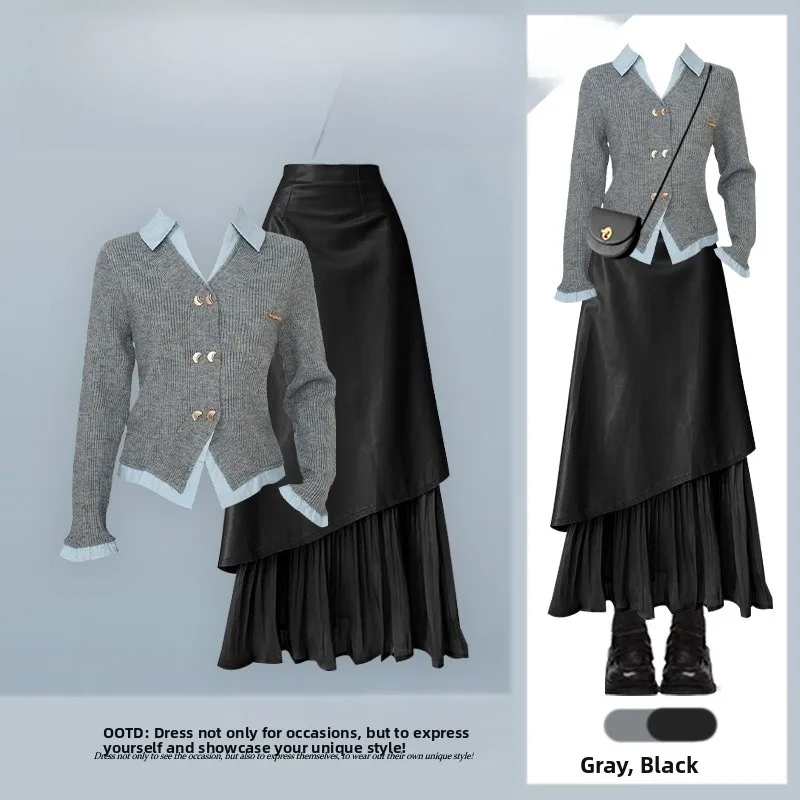 

Korean Sle Knitted Top And Skirt Set Asymmetrical Splicing Two-Piece Suit Autumn Faion Women's Ensemble Casual Chic