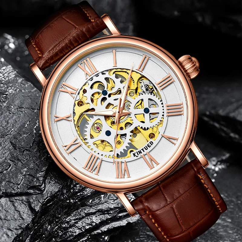 KINYUED orologio meccanico di marca da uomo moda classico scheletro orologi da uomo cinturino in pelle orologio da polso automatico impermeabile orologio maschile