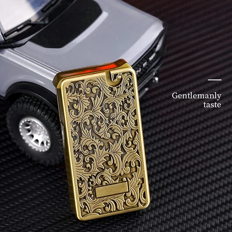 Mechanical one-button ejection ignition butane gas lighter electroplated three-dimensional relief open flame fashion