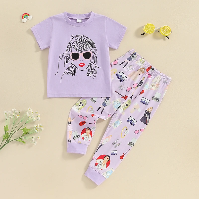 Kids Girls Musical Pajamas Short Sleeve T-Shirt Top Pants Taylor Pjs 2-Piece Summer Concert Outfit Gift Children