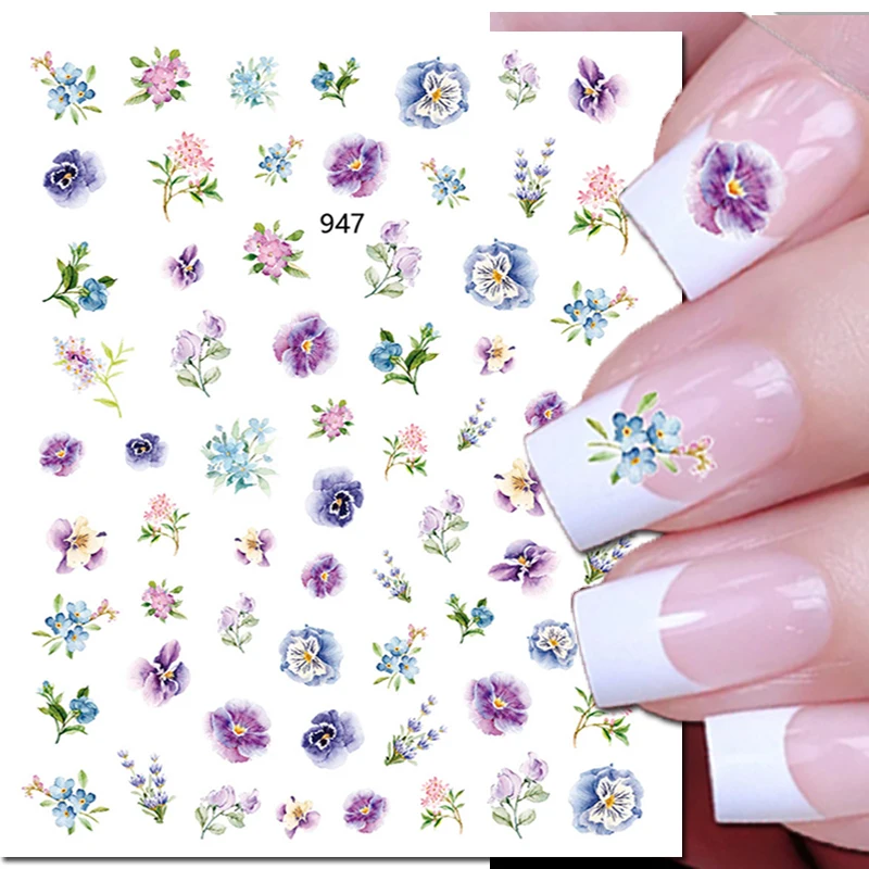 

3d Nail Art Stickers Violets Skyblue Purple Flowers Leaves Adhesive Sliders Decals For Nails Tips Decorations Manicures