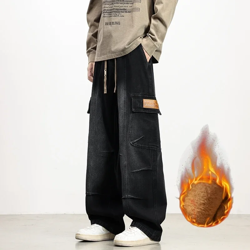 Winter Velvet Denim Pants Men Big Size 8XL Streetwear Wide Leg Washed Jean Pants Men Trousers Neutral Loose Casual Outdoor Pants