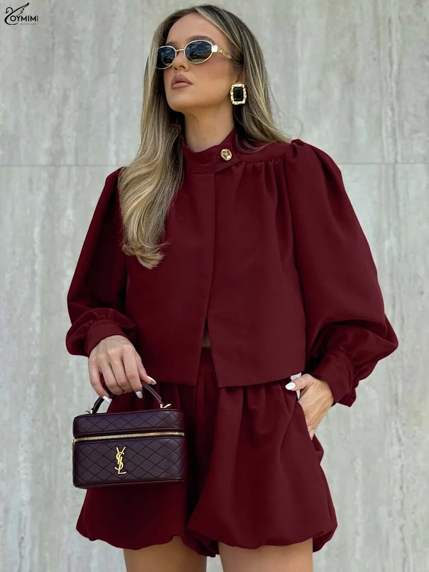 

Oymimi Fashion Red 2 Piece Sets Woman Outfit Elegant O-Neck Long Sleeve Button Shirts And High Waist Loose Pockets Shorts Sets