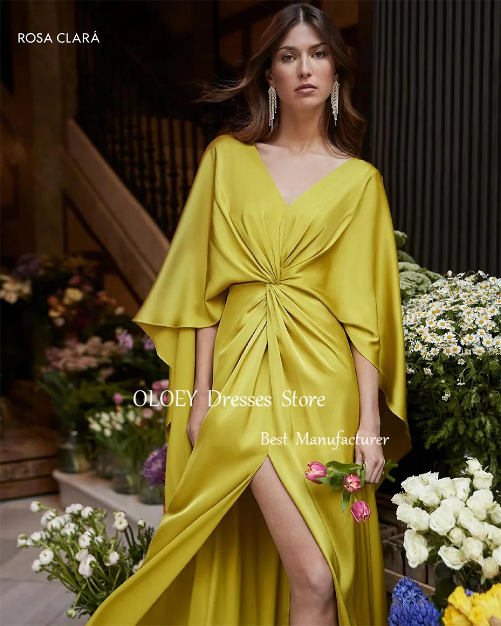 OLOEY Elegant Pleat Silk Evening Gown Dress V-Neck Draped Side Hight Side Slite Floor-Length Wedding Party Dress Summer Dress