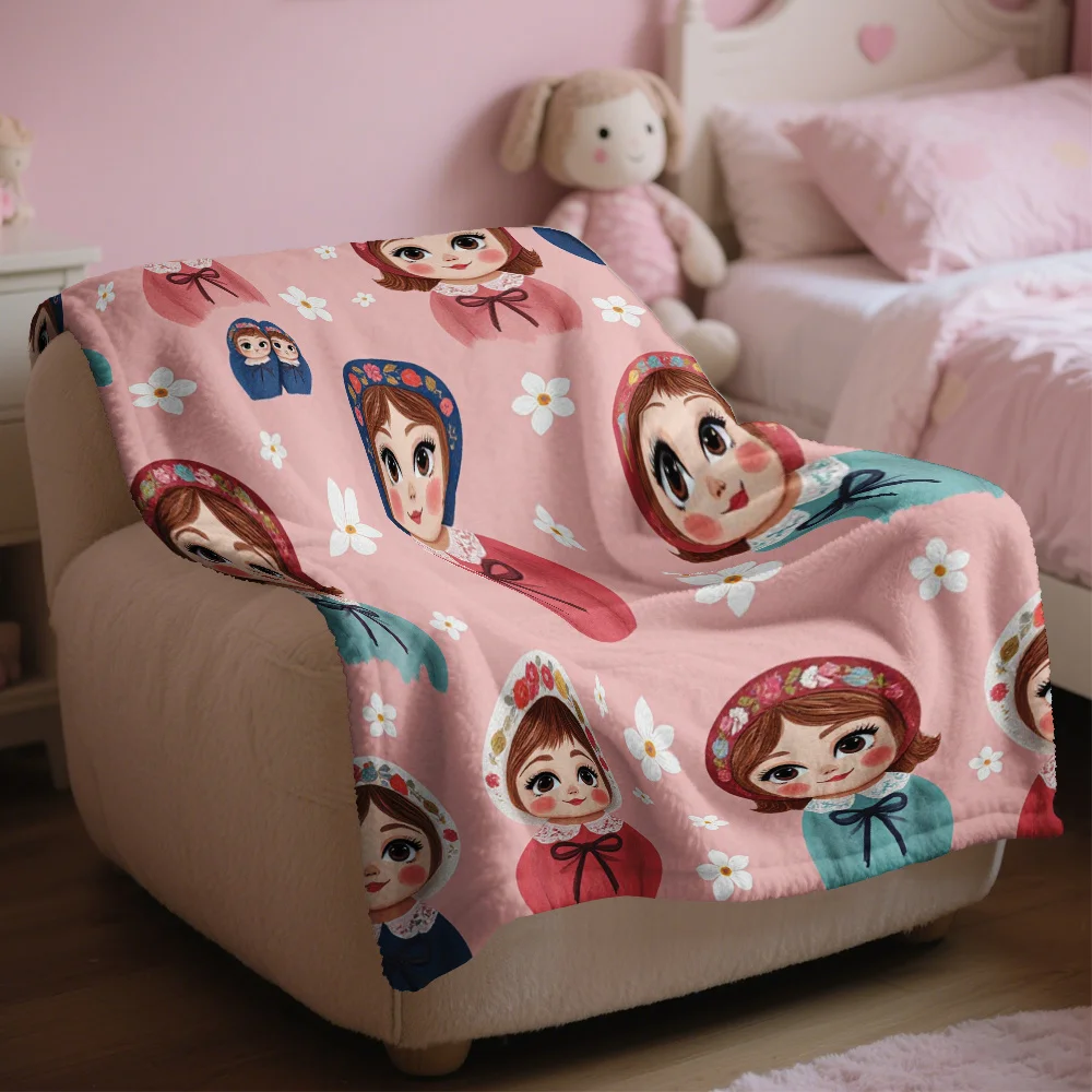 Cute Girls Face Print Throw Blanket Nursery Decor Baby Shower Gift Cartoon Pattern Plush Knit Blanket for Kids Girls Room