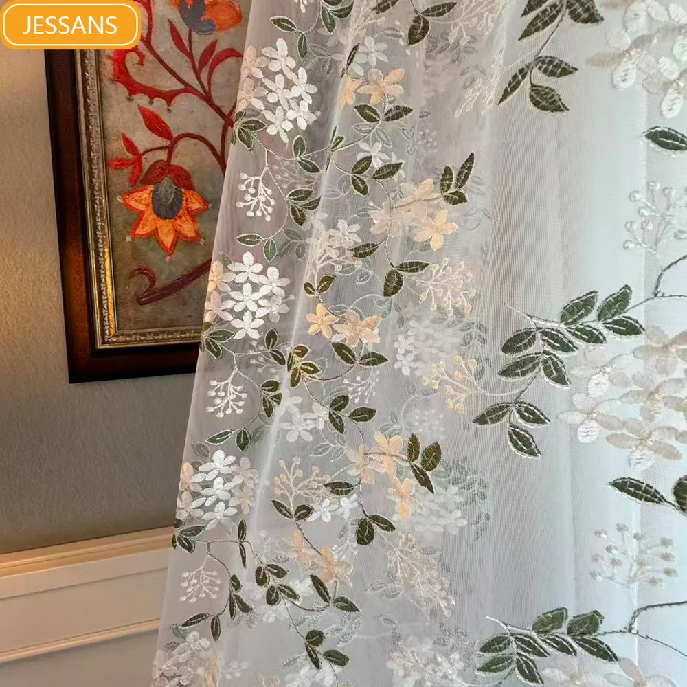 High End Heavy Industry Flower Hollow Out Green Embroidery White Screen Window Gauze Bedroom Living Room Balcony Bay Window