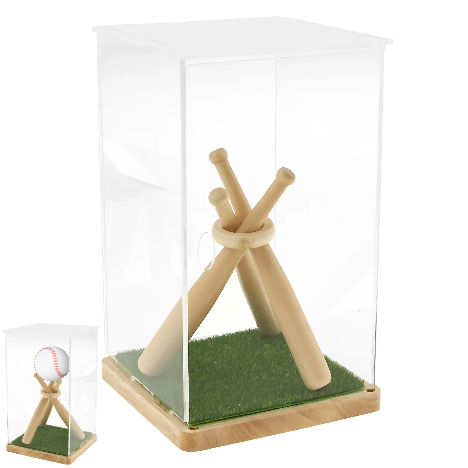 Baseball Display Box Acrylic Cube Baseball Stand with Wood Stand and Simulation Turf Multipurpose Storage Box Tabletop Decor