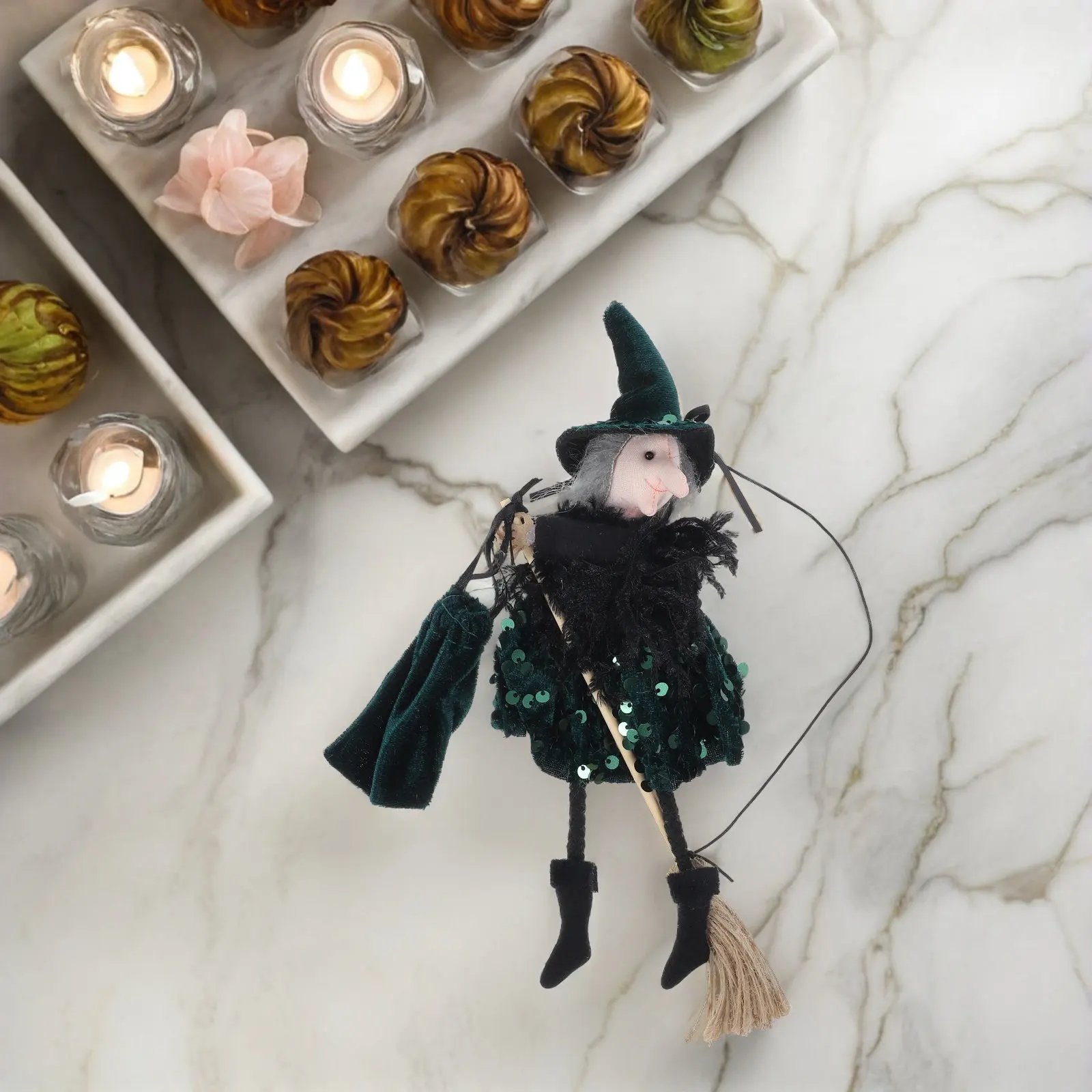 Halloween Witch on Broomstick Hanging Decor Unique Eerie Design Sturdy Fabric Wood Jute Rope for Outdoor Garden Indoor Party