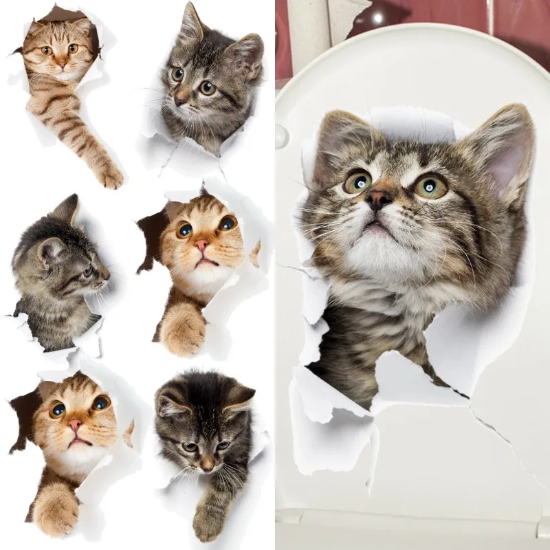 Lovely Cat Toilet Stickers For Wc Washroom Decoration Diy Vivid 3d Look Pet Animal Home Decals Pvc Wall Mural Art Print Posters