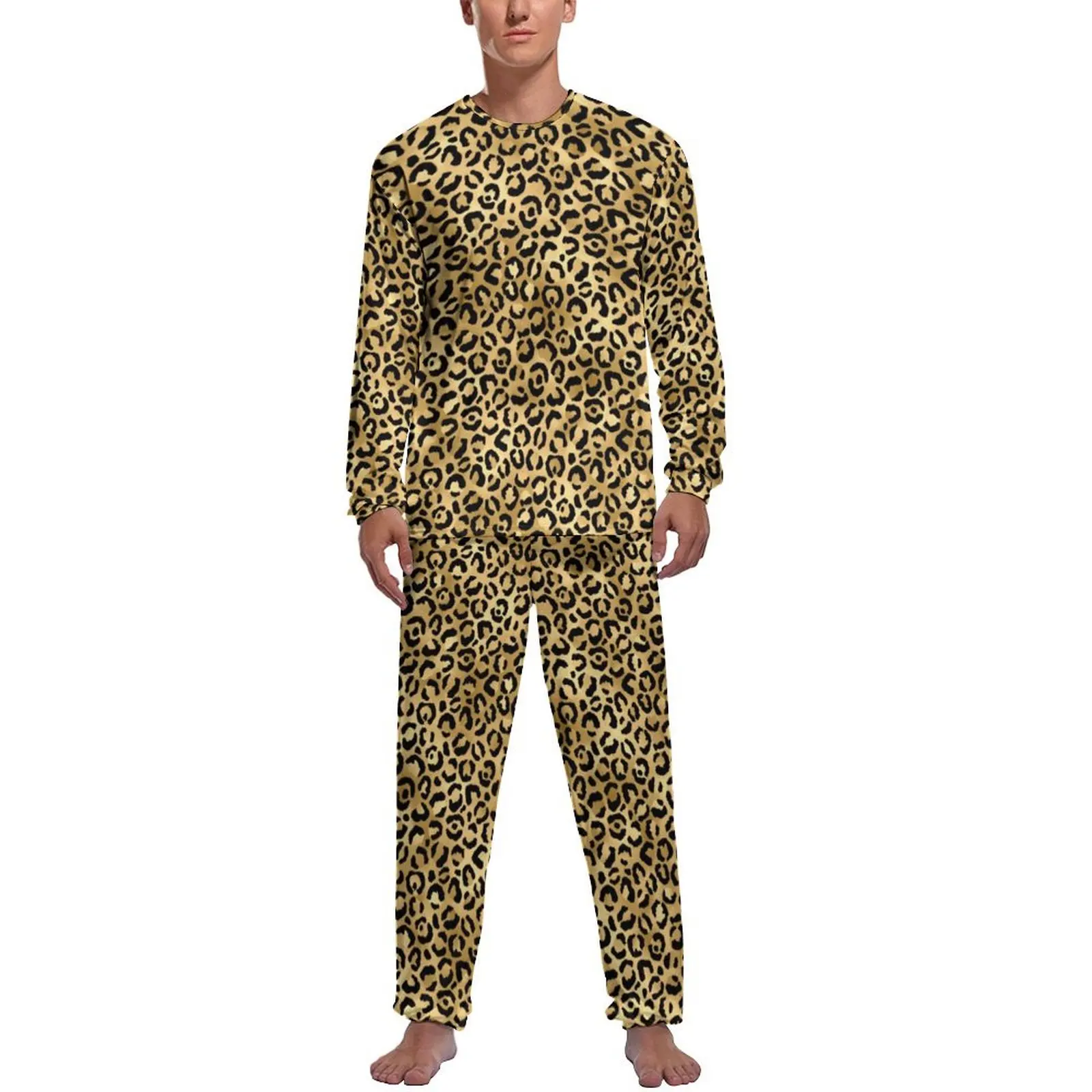 Blue And Gold Leopard Pajamas Autumn Two Piece Animal Print Retro Pajamas Set Men Long Sleeves Aesthetic Printed Sleepwear