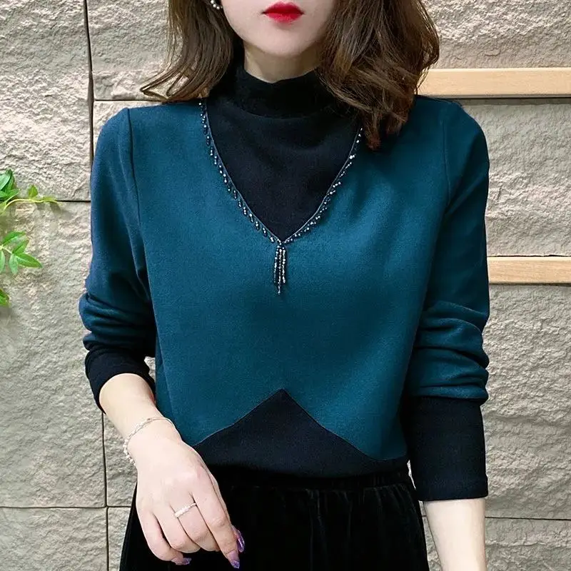 Korean Fashion Sping Autumn New Women Mock Neck Fake Two Pieces Diamonds Patchwork Chic Slim Long Sleeve Bottoming Shirt Tops