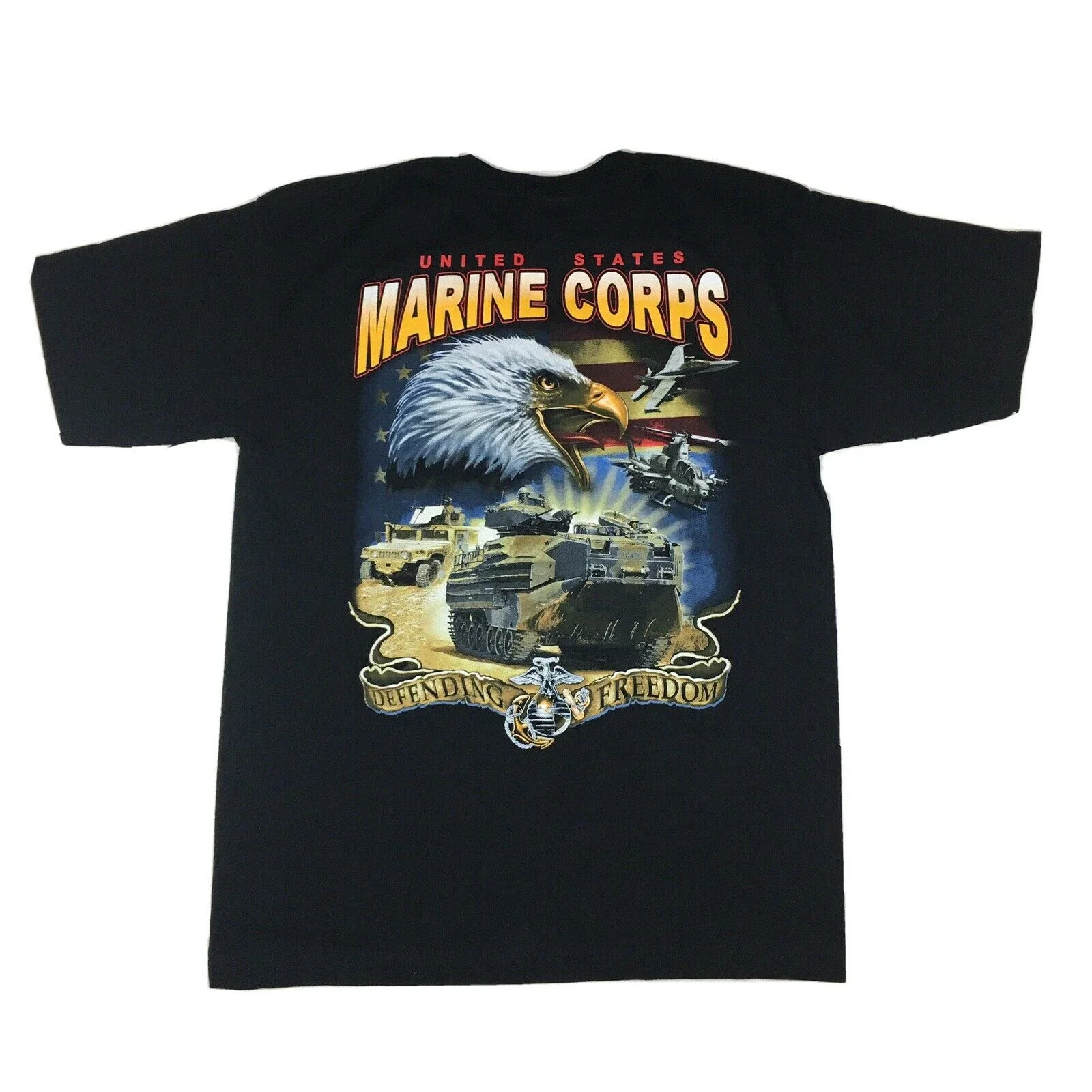 

90s United States Marine Corps Screaming Eagle Defending Freedom Graphic Two Sides Printed T-Shirt Men's Casual Short Tshirt