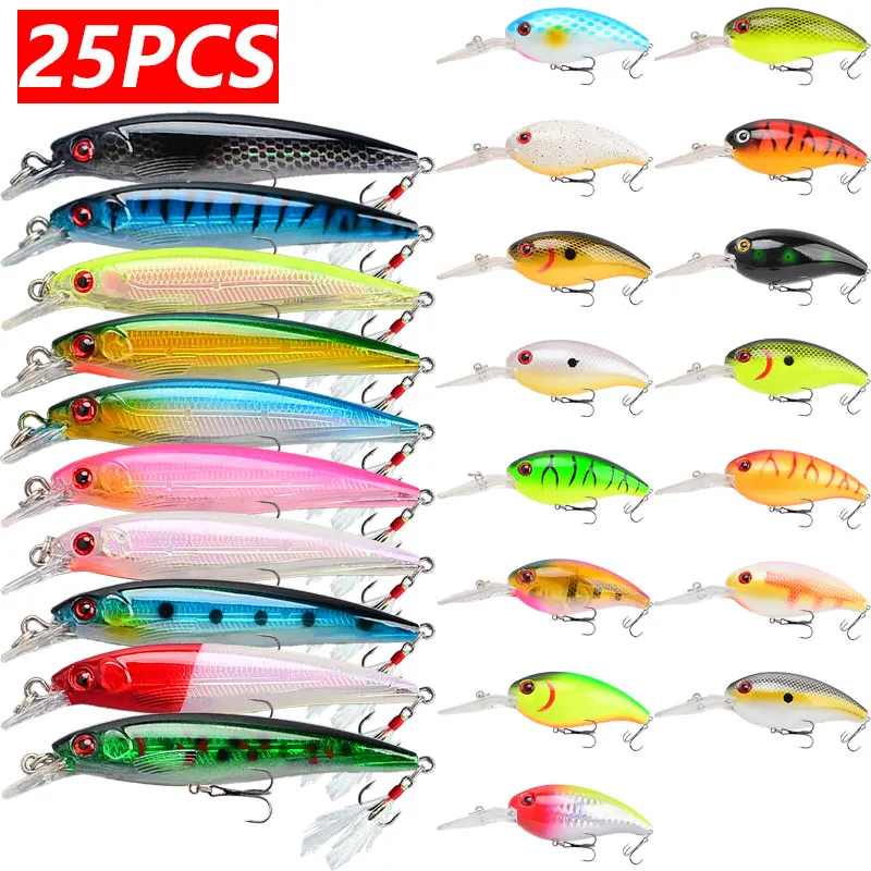 25pcs Fishing Lure Set 6.8g Minnow & 15.5g Crankbit Wbblers 3D Eyeswith Treble Hooks Pike Carp Bait Swim Bait Fishing