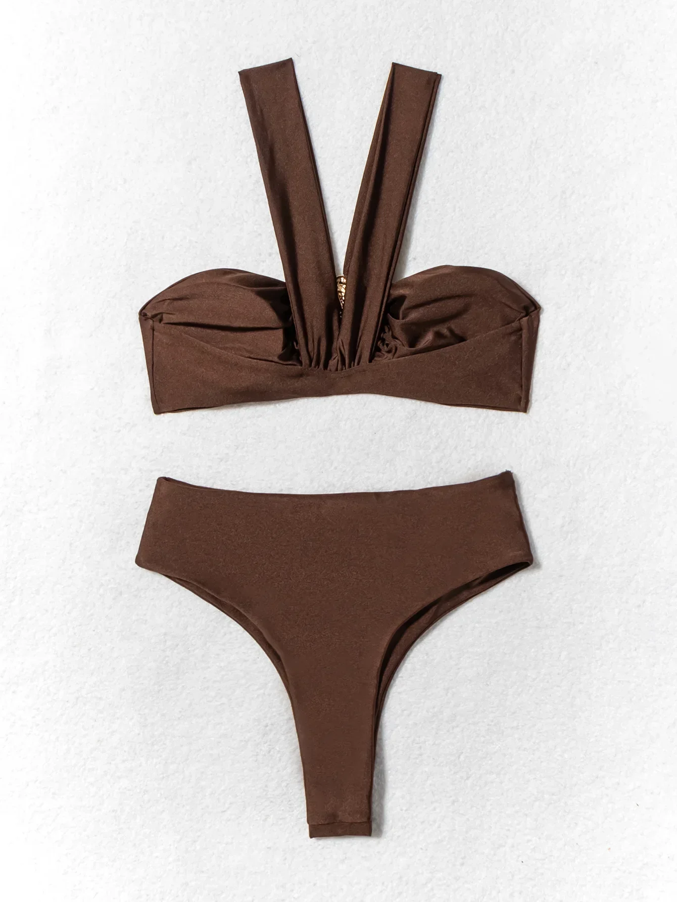 Коричневый купальник женский сексуальный Холтер металлический капель воды пуш-ап плиссированный комплект бикини с высокой талией 2025 купальный костюм из двух предметов купальники