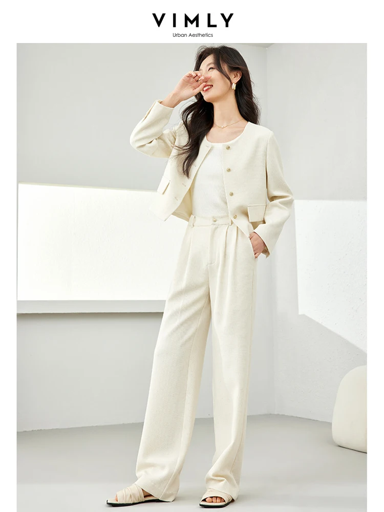 Vimly Elegant Linen Blend Women\'s Sets Cropped Jacket Wide Leg Pant Two Piece Set Woman Outfits 2024 Spring Matching Set M5996