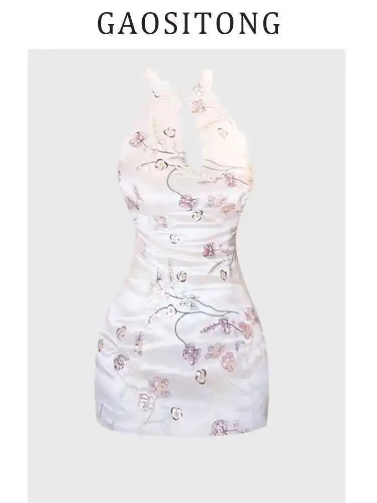 

GAOSITONG новое платье Cheongsam без рукавов в китайском стиле с вышивкой для женщин, весна-лето 2025, облегающее короткое платье с тонкой талией