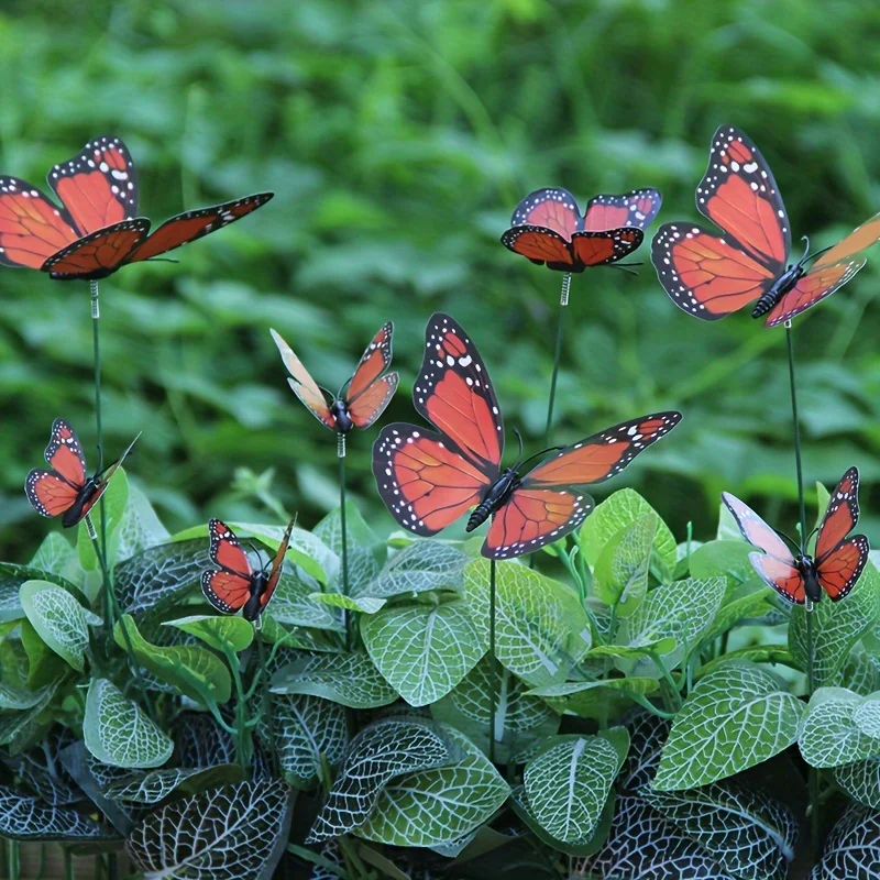 50PCS Orange Butterfly Stakes Multi-purpose 3D Artificial Butterfly Decoration Outdoor Garden Lawn Plant Flower Pot Atio Decor