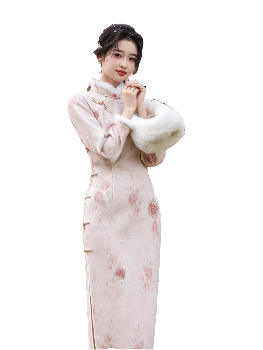 Long Sleeve Elegant Sweet Style Thickened Cheongsam Women' Winter Clothing Comfort Dress Chinese Tradtional Warm Clothes