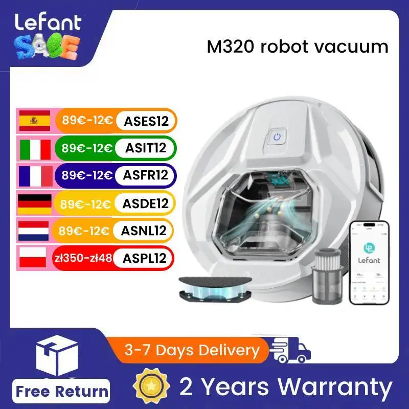 Lefant M320 6000Pa Powerful Suction Robot Vacuum Cleaner with Mop ,210 Mins Runtime,800ML Visible Dustbin,Carpet Detection