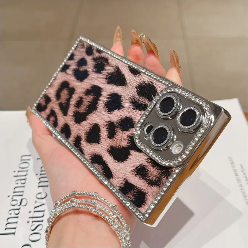 Funda de teléfono con estampado de leopardo y diamantes de lujo para iPhone 16, 15, 14, 13, Pro Max Plus, protección de cámara, cubierta chapada a prueba de golpes