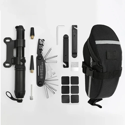 Imagen 2 del producto Kit de herramientas de reparación de bicicletas portátil, Kit de herramientas de reparación de bicicletas, bolsa de sillín, bomba, parche de neumático, juego de herramientas de llave multifuncional, accesorios