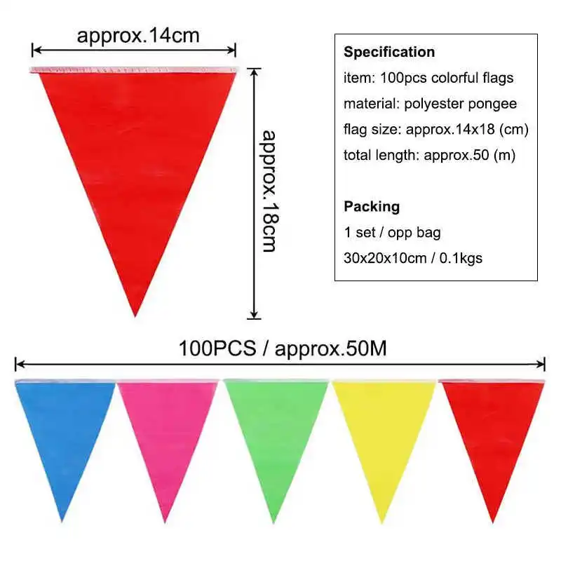 100PCS Triangle Colorful Pennant Bunting Banners 14x18cm Polyester with Hang String for Home Party Decoration