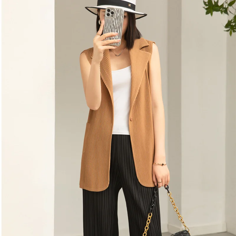 

Pleats Pleated New Vest Jacket Women's Autumn and Winter Fashion Temperament Suit Collar Loose Thin Solid Long Paragraph Blouse