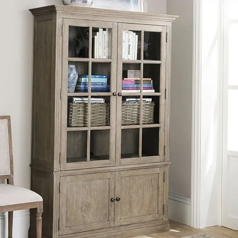 American solid wood retro old bookcase living room  floor double door dining side cabinet glass wine cabinet storage